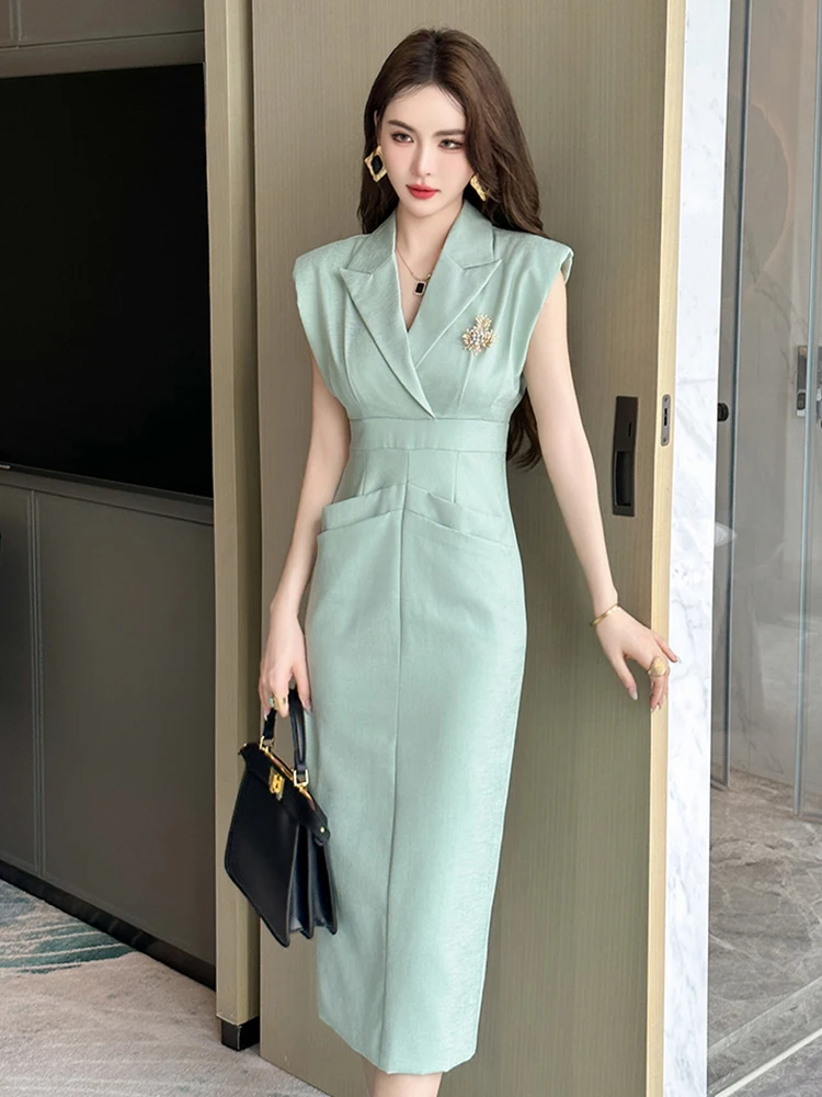 New Elegant OL Formal Dress Women Quality Professional Folds Skinny High Waist Long Robe Party Vestidos Banquet Business Clothes