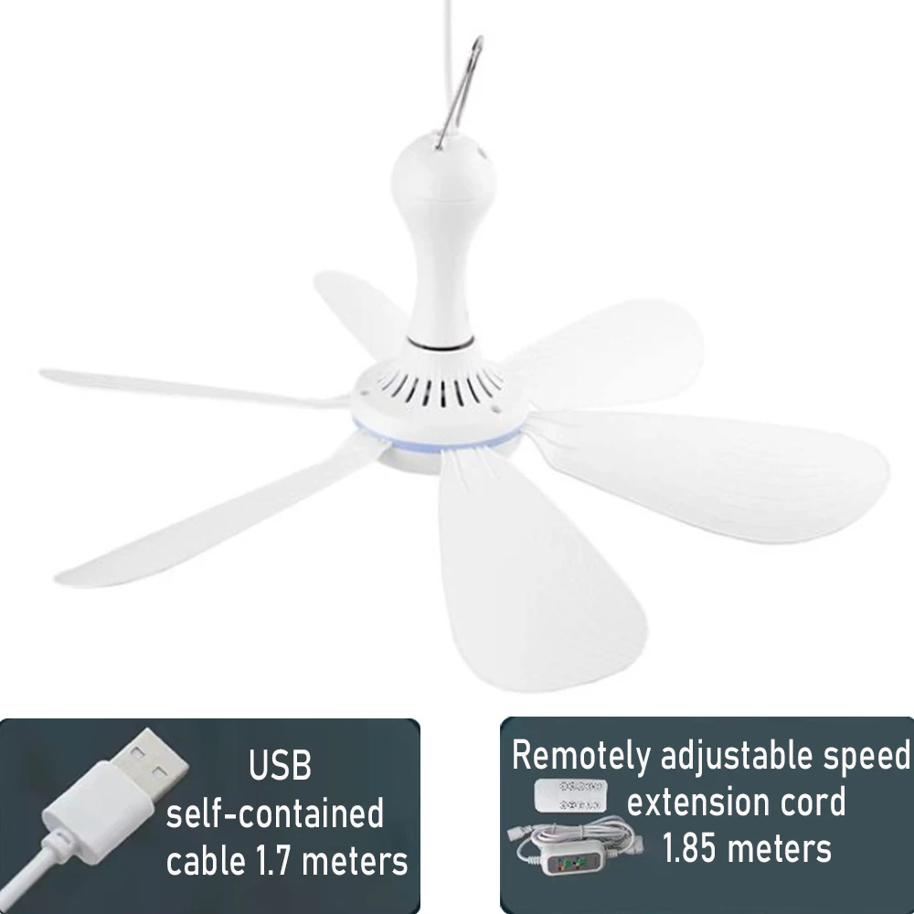 Ceiling Fan Canopy Silent 6 Leaves USB Powered  with Remote Control Timing 4 Speed Hanging for Camping Bed Dormitory Tent New