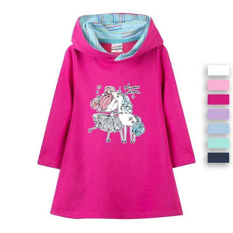 

Baby Girls Dress Cotton Unicorn 2024 New Autumn Fashion Clothing for Children Cartoon Pink Long Sleeve Kids Clothes Hooded