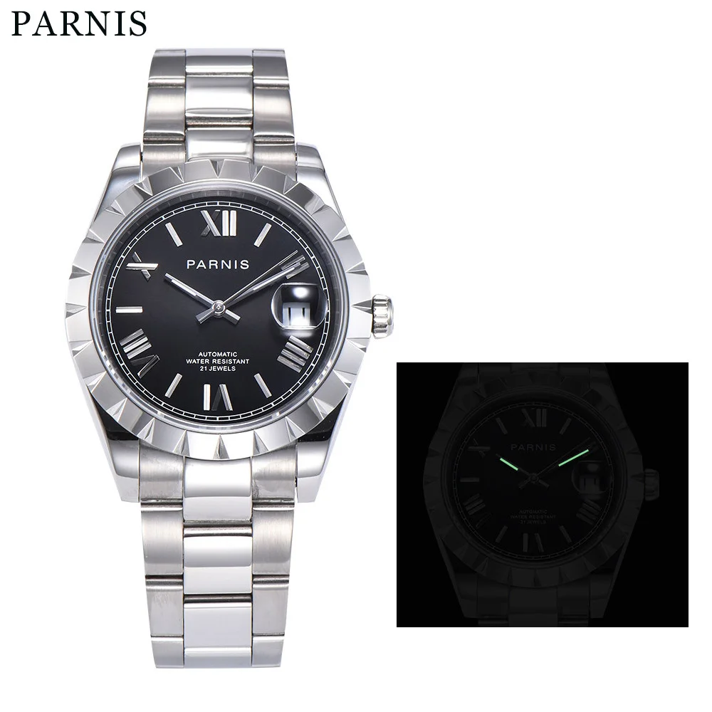 

Parnis 39.5mm Solid 316L Stainless Steel Case Mechanical Automatic Roman Numerals Men Wristwatch