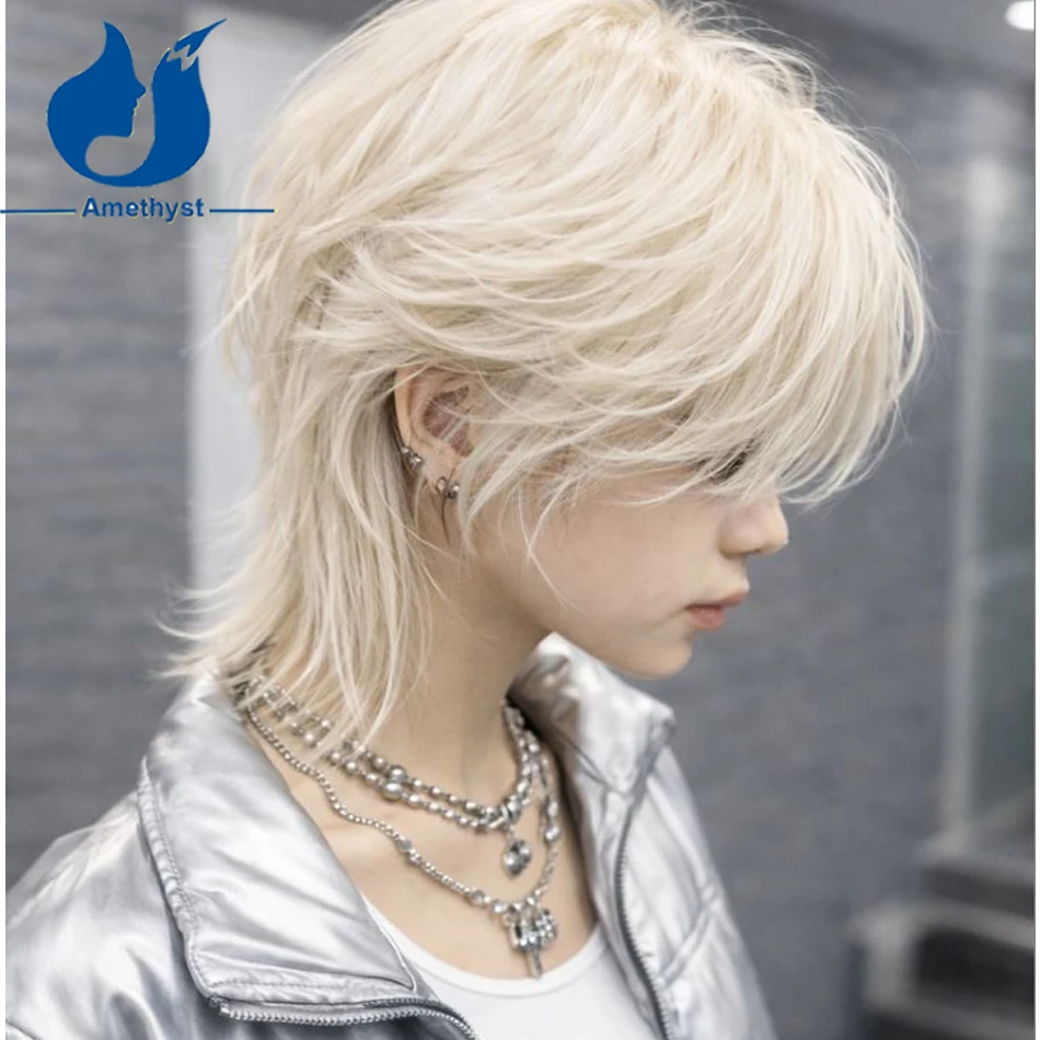 Amethyst Wolf Cut #60 White Blonde Pre Styled FulL Lace Wig Human Hair for Men Platinum Mullet Wig Male Hair System Short Cut