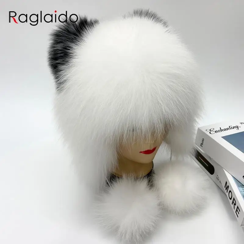 

Winter Hat Woman Warm Cat Ushanka Balaclava Russian Fox Fur Trapper Women Bomber Hats Luxury Furry Snow Cap Earflap Fox Fur Hat