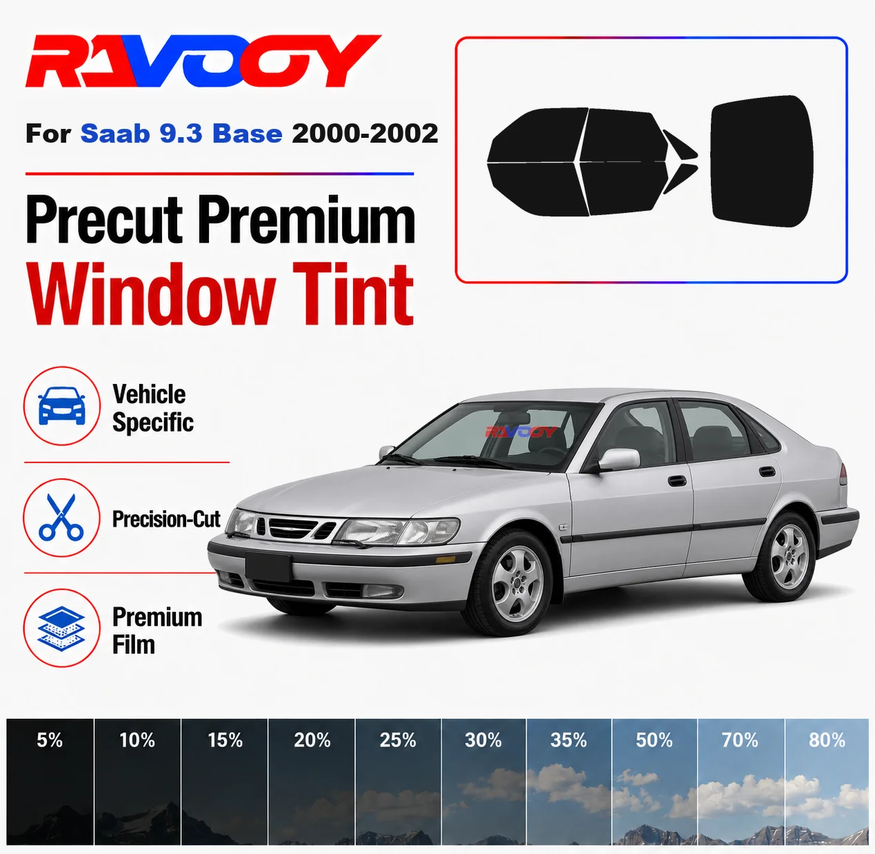 Premium Precut Window Tint Kit Front Rear Windows Rear Windshield For Saab 9.3 Base 2000-2002 Complete Set Nano Ceramic Film