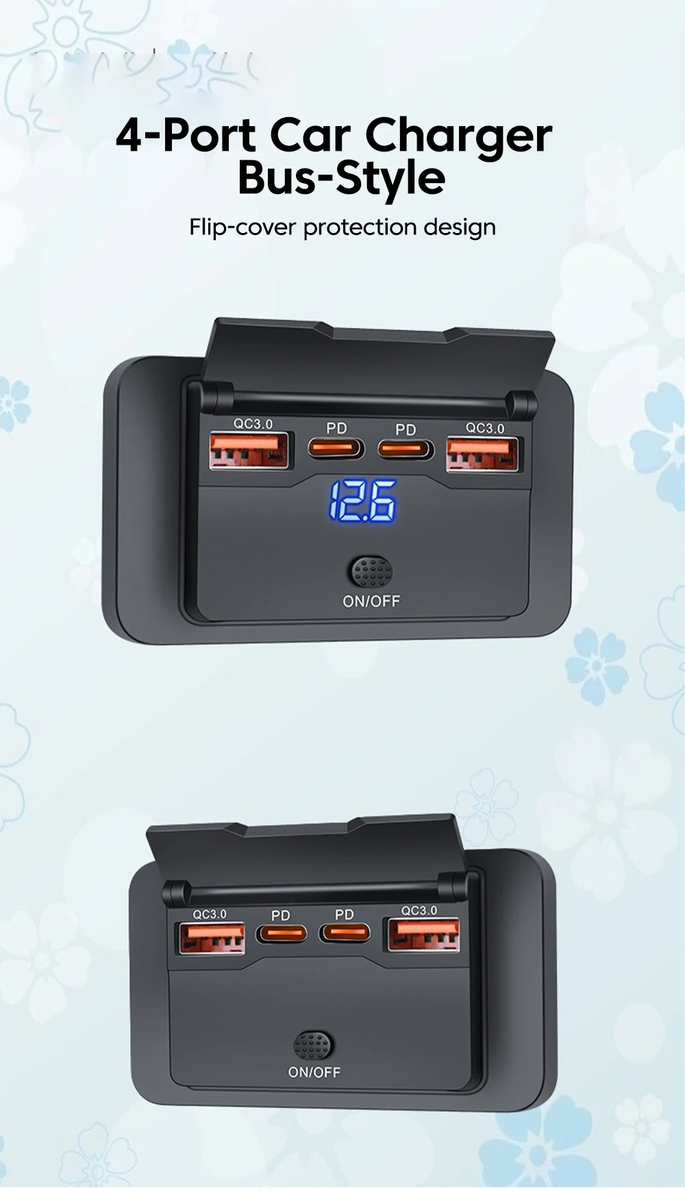 4-Port PD QC3.0 Auto-USB-Ladebuchse 12V 24V Digital-Voltmeter Schnelllade-Steckdose mit Schalter für Fahrzeug, Wohnmobil, Boot – Detail 2