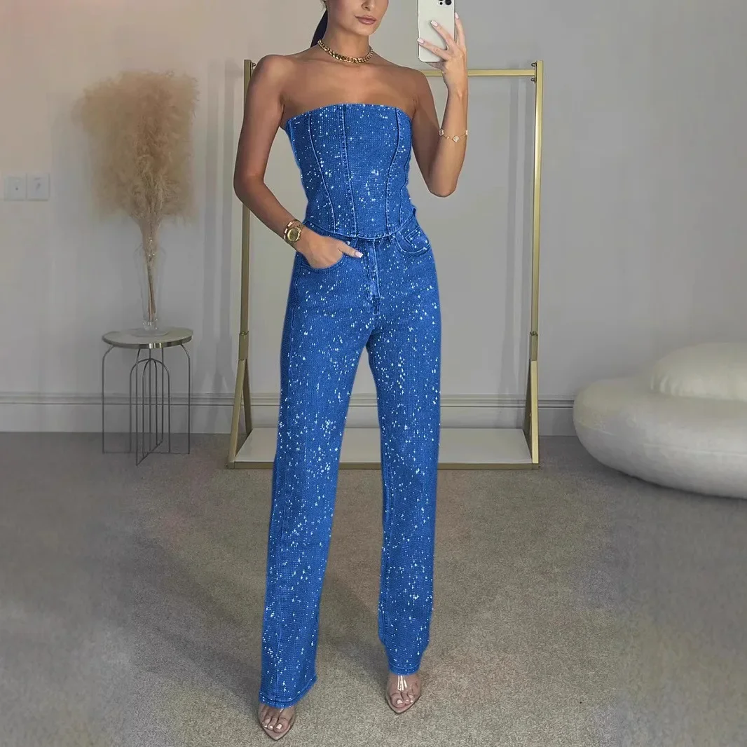 

2025 Summer Sequined Denim Tube Pants Women Sexy Outfit Sleeveless Backless Crop Top Straight Trousers Spring Street Lady Suit