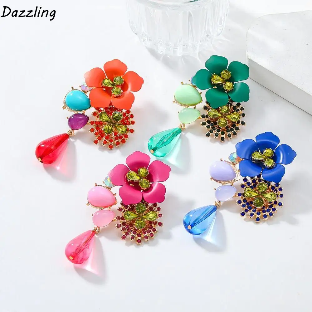 

New Vintage Water Droplet Long Earrings Bohemia Beads Resin Flower Earrings Light Luxury Exaggerated Women Earrings Women