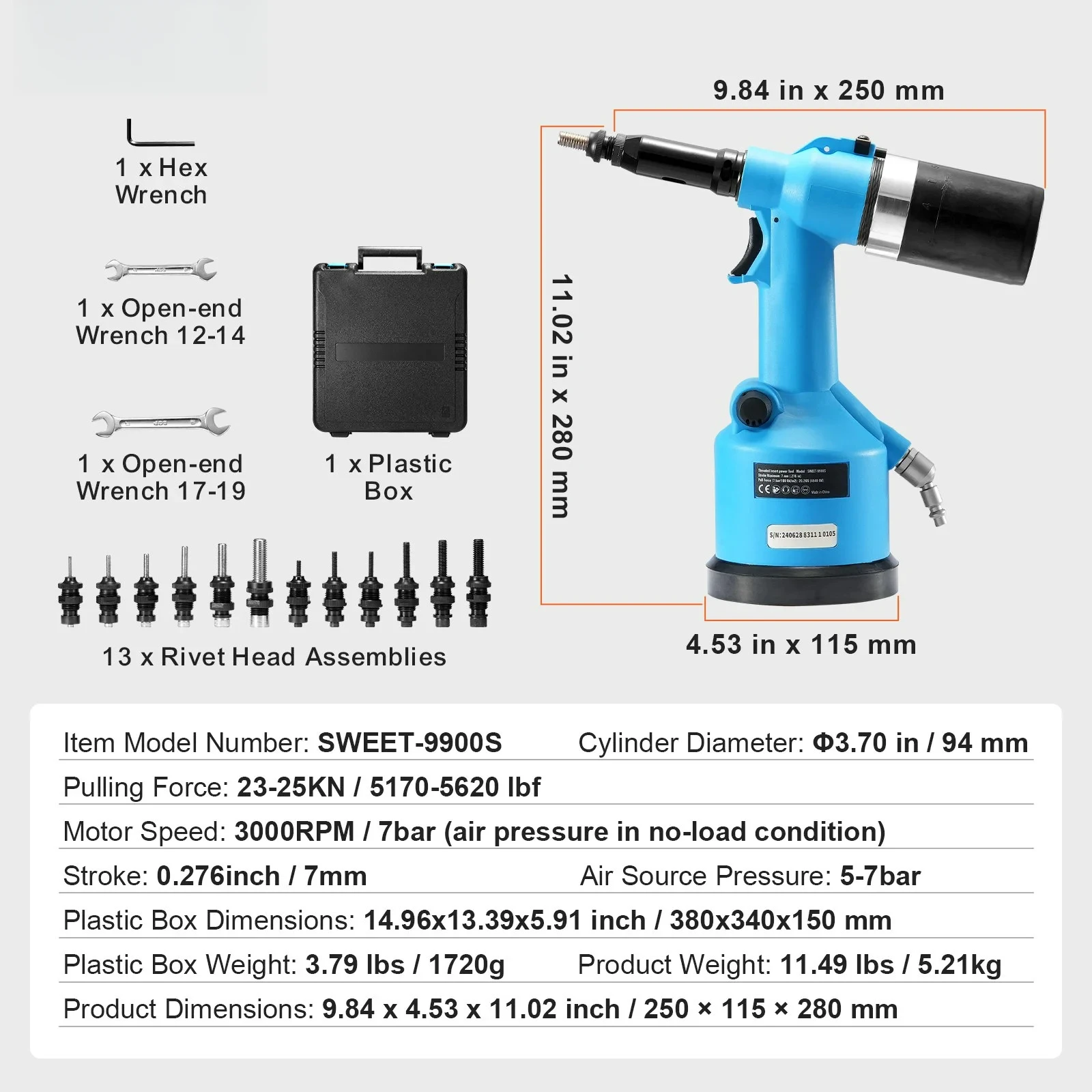 Pneumatic Air Riveter - Heavy Duty Rivet Gun Tool Kit with 13 Nose Pieces