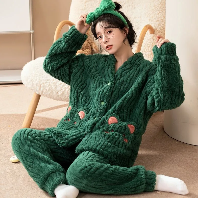 Famale Winter Household Apparel Flannel Pajamas Women Thickened Loungewear Suit Lady Warm Home Clothing Two-piece Sets Pijamas