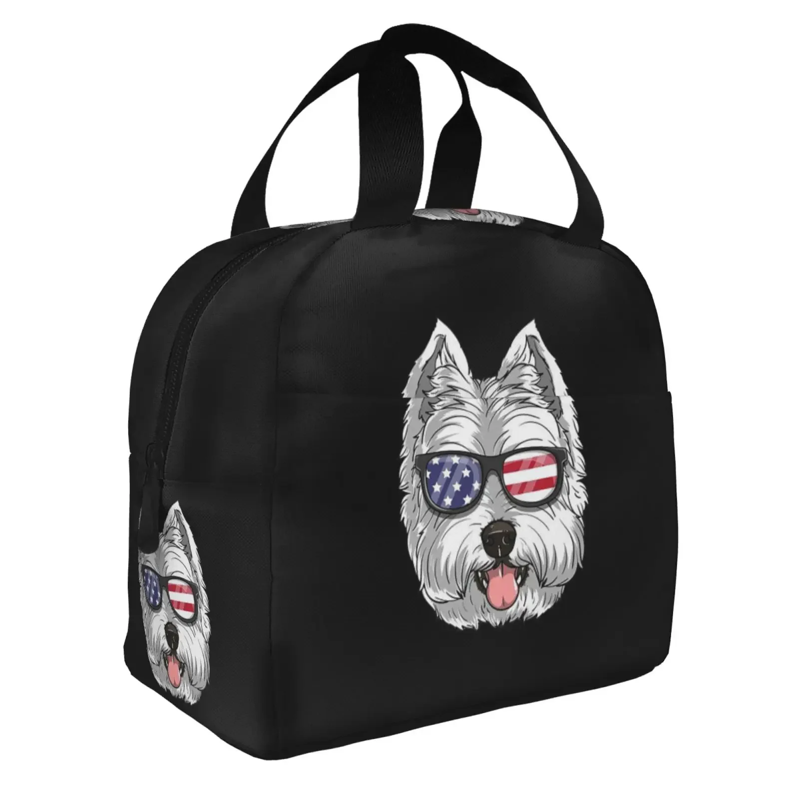 Westie Face American Flag Lunch Box Waterproof Thermal Cooler Food Insulated Lunch Bag Kids for Kids Portable Picnic Tote Bags