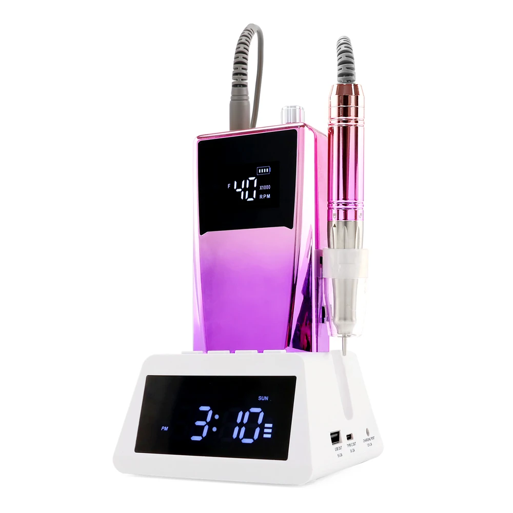 

Clock Design Desktop 65W Coreless Cordless Nail Drill Machine 40000RPM Rechargeable Manicure Electric Nail File Drill