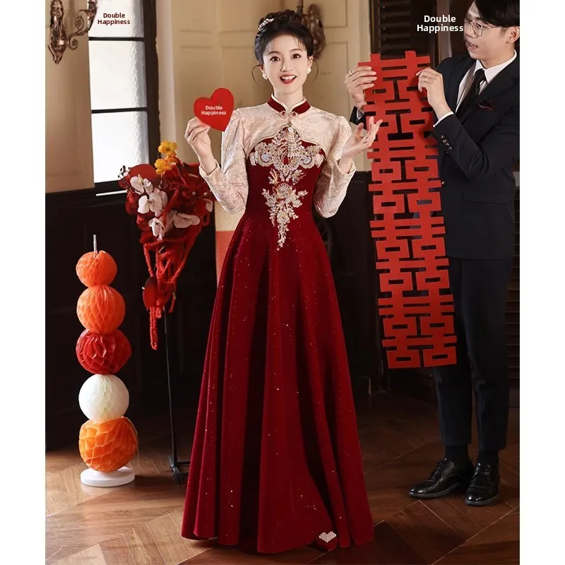 

Красное длинное ципао для помолвки и свадьбы, модное платье миди для возвращения домой, для женщин, в китайском стиле, с возможностью индивидуального пошива