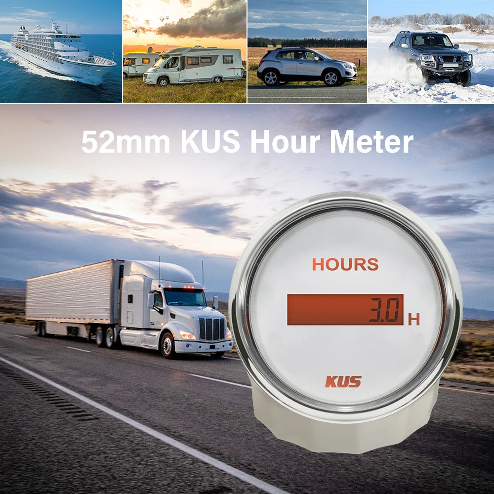 KUS 52mm Digital Engine Hour Meter Gauge 0-99999.9H Waterproof with Backlight for Car Vessels Yachts