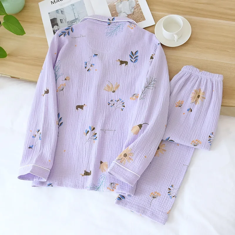 2024 new spring and autumn ladies pajamas 100% cotton long-sleeved home wear purple lavender simple pajamas set women plus size