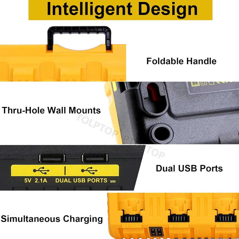 Portable Rapid Charger Replacement for Dewalt 12-20V Max Lithium Battery DCB104 DCB120 DCB127 DCB200 With 4-Ports 3A Current