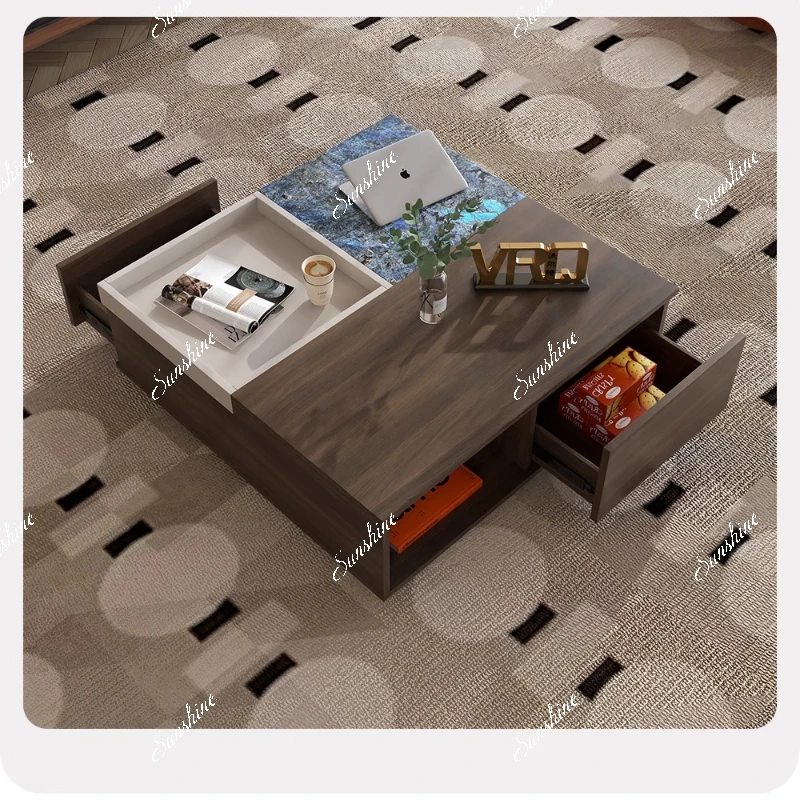 Italian minimalist square rock slab tea table, living room household small apartment storage tea table