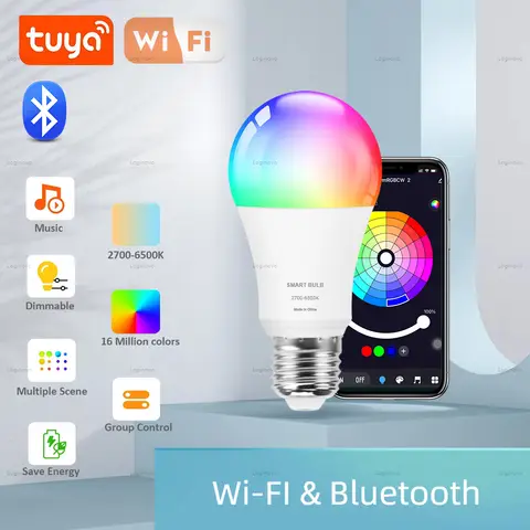 Tuya Smarta LED-lampor 220V 110V 15W 20W Bluetooth/Wifi E27 Alexa LED-lampa RGB Smart Life-app Google Assistant Röststyrning 10 best sales Tuya Smart-lampa - №8