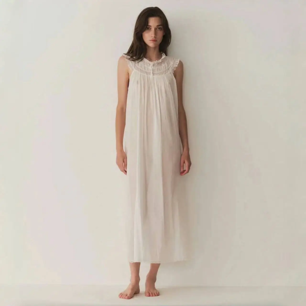

Spring Summer Lightweight Cotton Lace Collar Long Dress White Sleeveless A-Line French Style Soft Cotton Maxi Dress