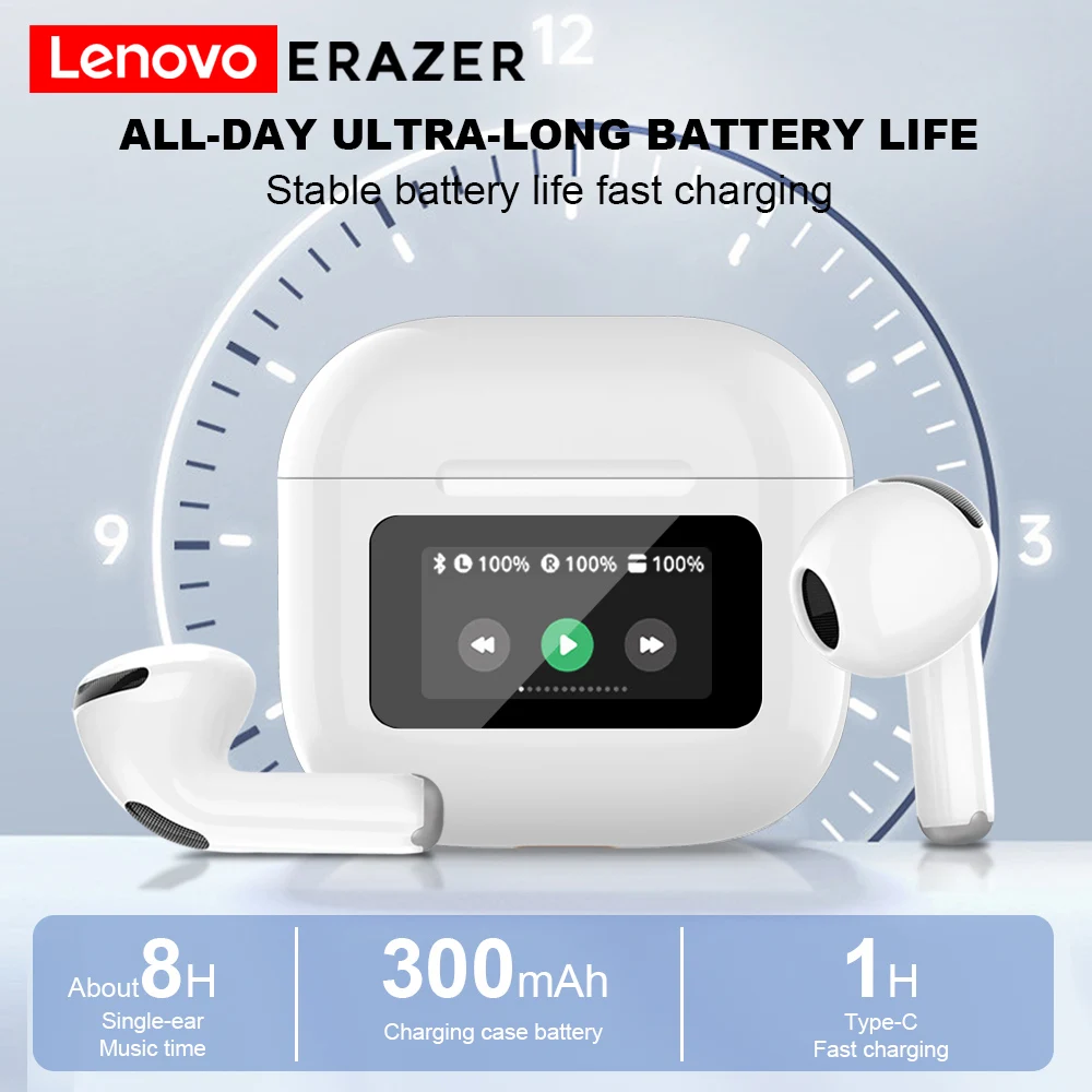 سماعات Lenovo ERAZER الأصلية بتقنية البلوتوث اللاسلكية بتقنية البلوتوث، سماعة رأس LED كاملة الألوان، شاشة لمس ذكية