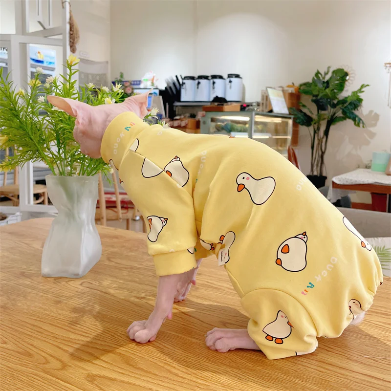 Cotton Cartoon Coat for Sphynx Cat in Spring Winter 4-legged Undershirt for Cats Cute Duck Puppy Panda Loungewear for Kittens