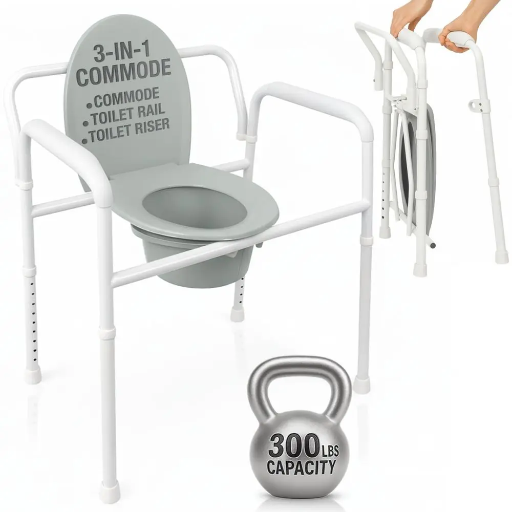 

Bedside Commode Toilet Chair Folding 350 lb Capacity, Safety Rail, Shower Chair 3 in 1 Heavy Duty Bariatric Bucket with Padded