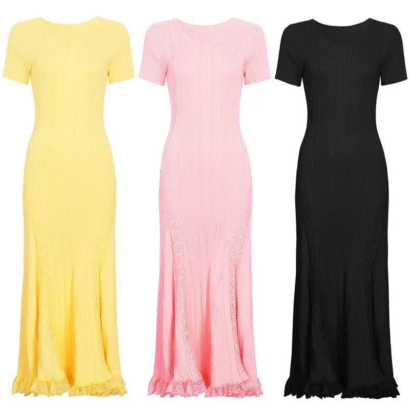 

High-End Quality Summer New Fashionable Knitted Short Sleeve Lace Dress Women's Elegant Simple Style High Waist Fish Tail Dress