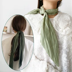 Pleated Silk Satin Scarves Women Elegant Soft Square Headscarf Office Lady Crinkled Neckerchief Hairband Decoration 70cm