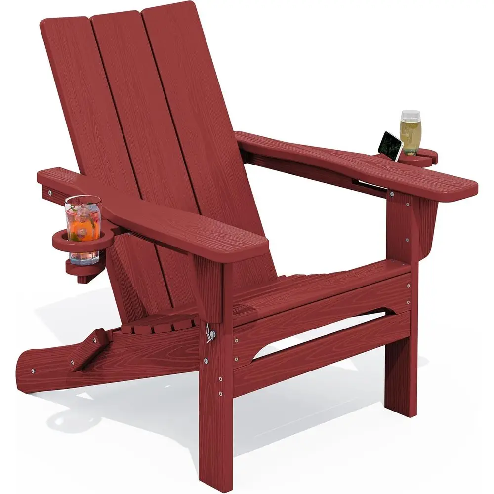 Weather-Resistant All-Weather Adirondack Chairs with Cup Holders, Suitable for Outdoor Patio and Garden, Red
