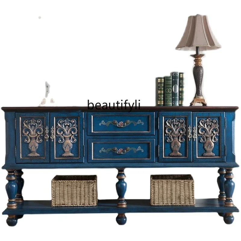 

American Retro Long Table Living Room Carved Curio Cabinet Mediterranean Console Home Long Table a Long Narrow Table