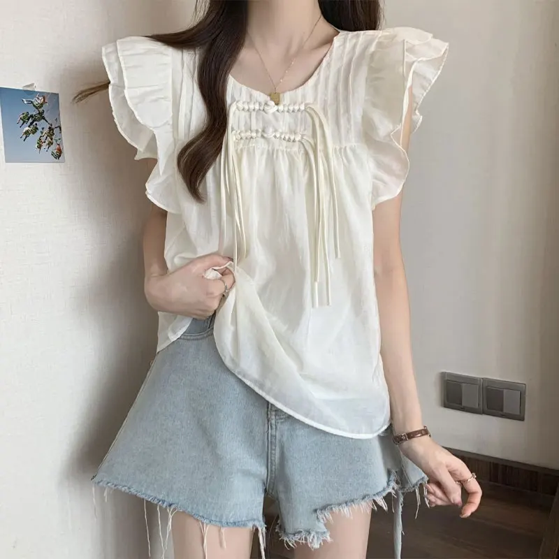 Sweet Flying Sleeve Shirt Stylish Chinese Disc Buckle Folds Female Clothing Casual O-Neck 2024 Summer Basic Loose Vintage Blouse