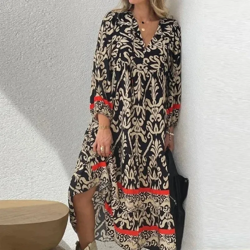 Casual Fashion Fall V-Neck Party Dress Vintage Female Pattern Print Loose Dress Leisure Summer Long Sleeve Women Pullover Dress