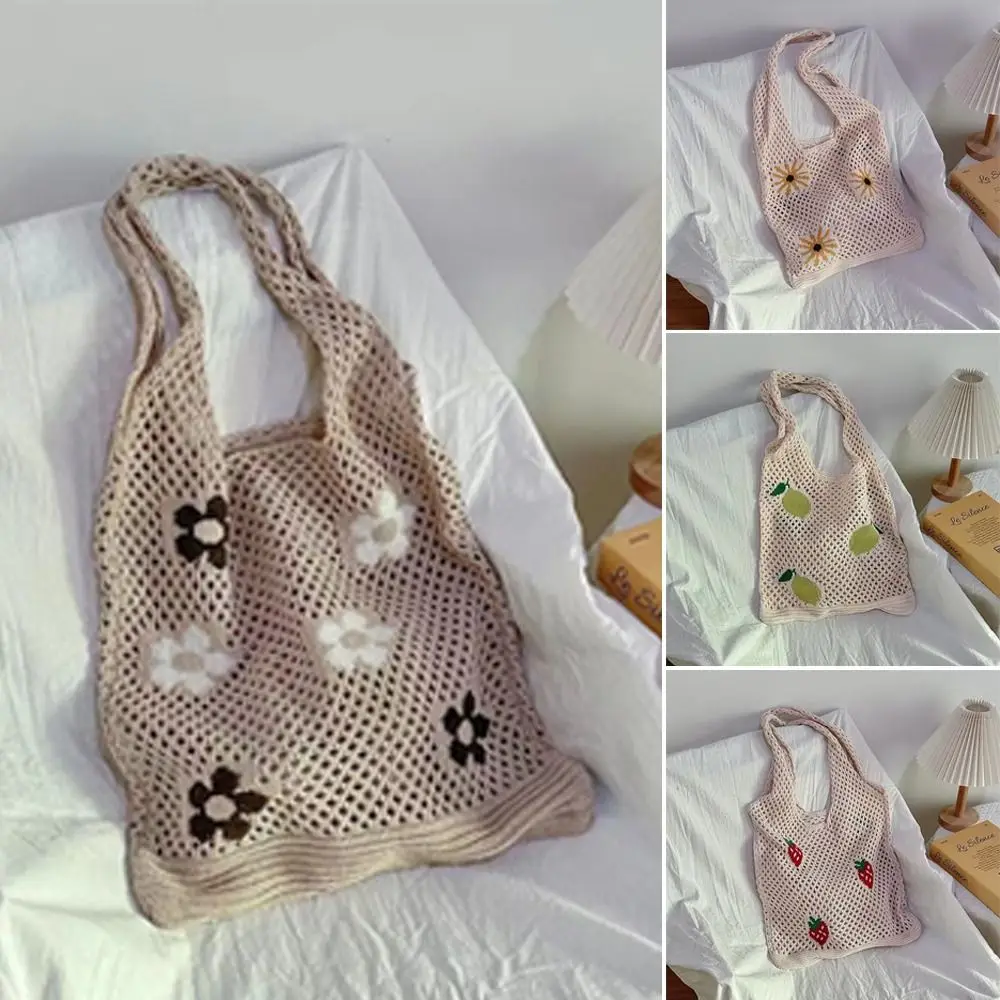 

Fashion Large Capacity Shoulder Bags Hollow-out Woven Lazy Style Tote Bag Flower Pattern Knitted Handbags for Women Girls