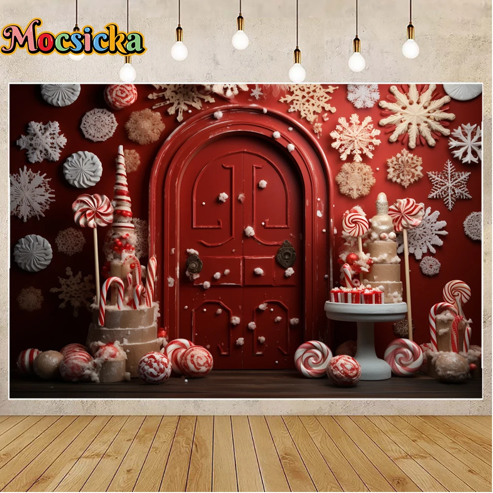 Mocsicka พื้นหลังสำหรับฤดูหนาวสำหรับถ่ายภาพคริสมาสต์ประตูลูกอมสีแดงต้นไม้คริสต์มาสวันหยุดงานปาร์ตี้ครอบครัวถ่ายภาพฉากหลังสตูดิโอ