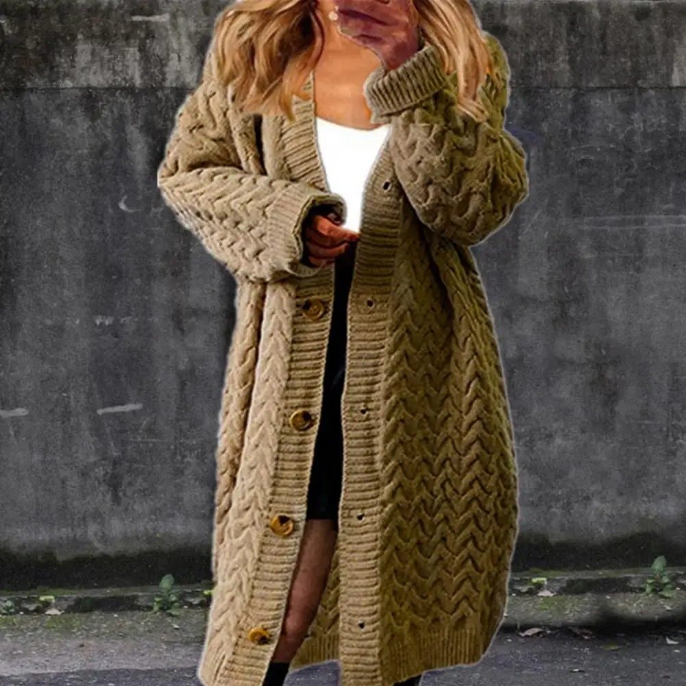 Twist Sweater Buttons Oversized Closure Mid Length Sweater Jacket Autumn Winter Women Cardigan Sweater Elegant Knitted Outerwear