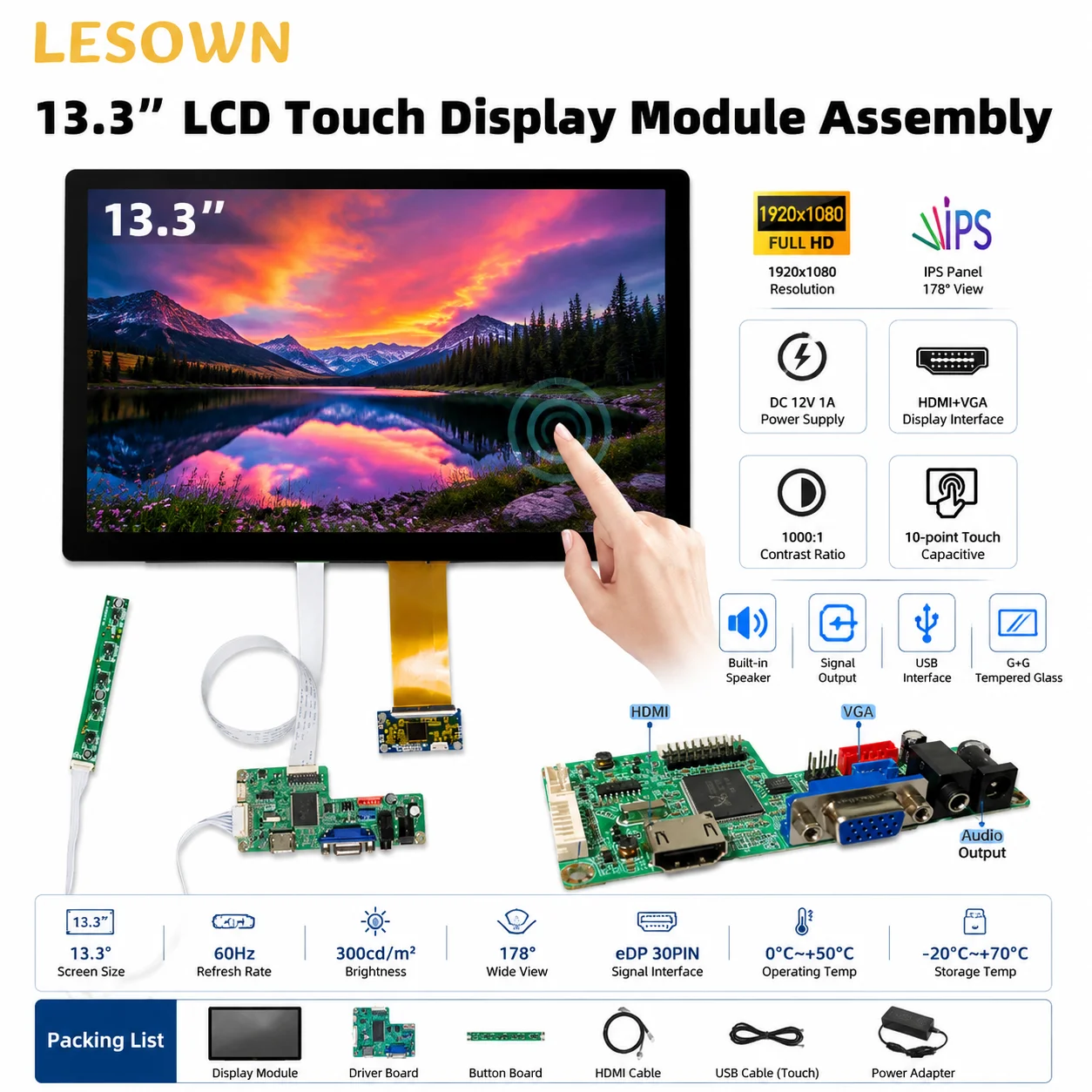 LESOWN 13.3 Inch Touch Screen with Driver Board 1920x1080 Capacitive Display Module Plug and Play HDTV VGA 12V Monitor Panel