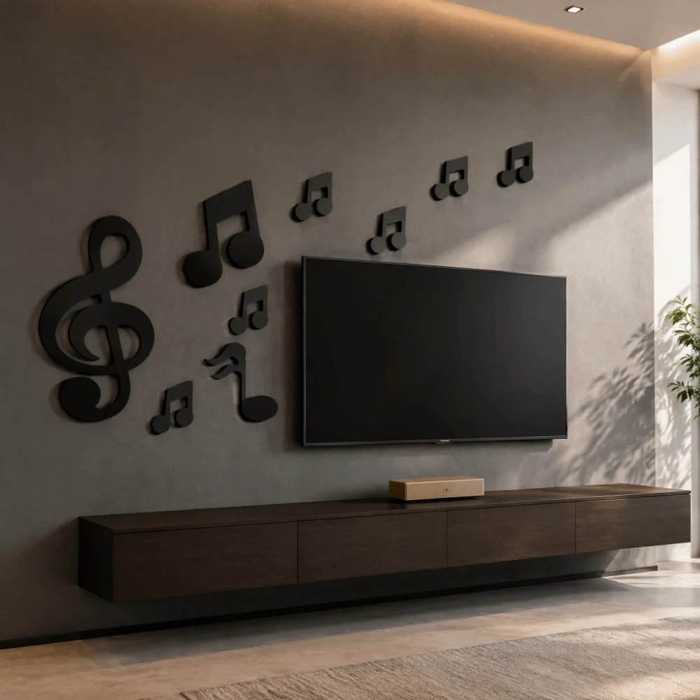 Removable Finish Music Note Wall Sticker 3D Look Embossed Texture Mirror Wall Sticker Silver Color 23 x 13 cm Size