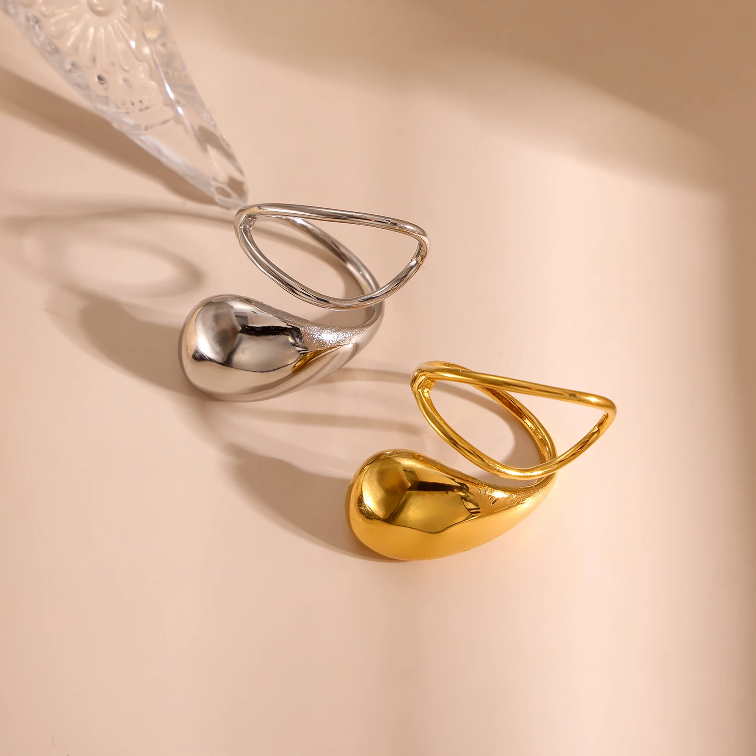مجوهرات CARLIDANA قطرة الماء من الفولاذ المقاوم للصدأ حلقة مفتوحة مطلية بالذهب عيار 14 قيراط للنساء خاتم مبالغ فيه شخصي بالجملة
