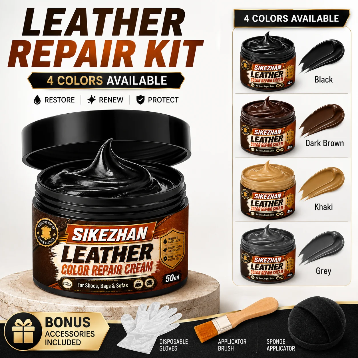 Leder-Reparaturcreme 50ml für Schuhe, Handtaschen, Sofas, Autositze, Farbwiederherstellungs-Balsam mit Applikatorbürste, Schwamm und Handschuhen, 4 Farbtöne – Detail 1