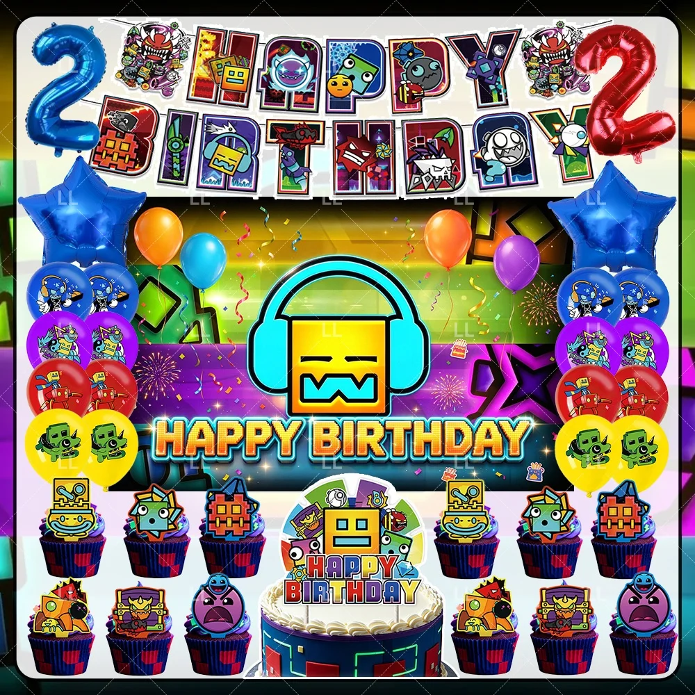 Geometry Dash Game Birthday Party Decoration Backdrop Adventure Travel Balloon Set Cake Toppers Banner Supplies Boy Girl Gifts