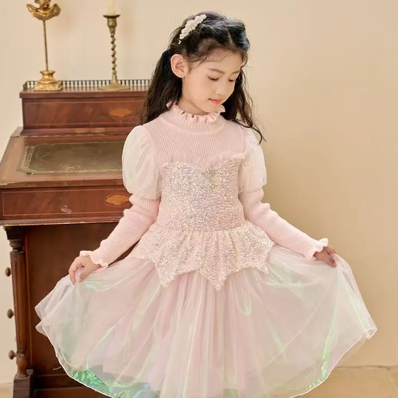 Girls\' Dress Autumn and Winter Fashionable Princess Dress Bow Woolen Skirt Girls Sequins Tulle Skirt