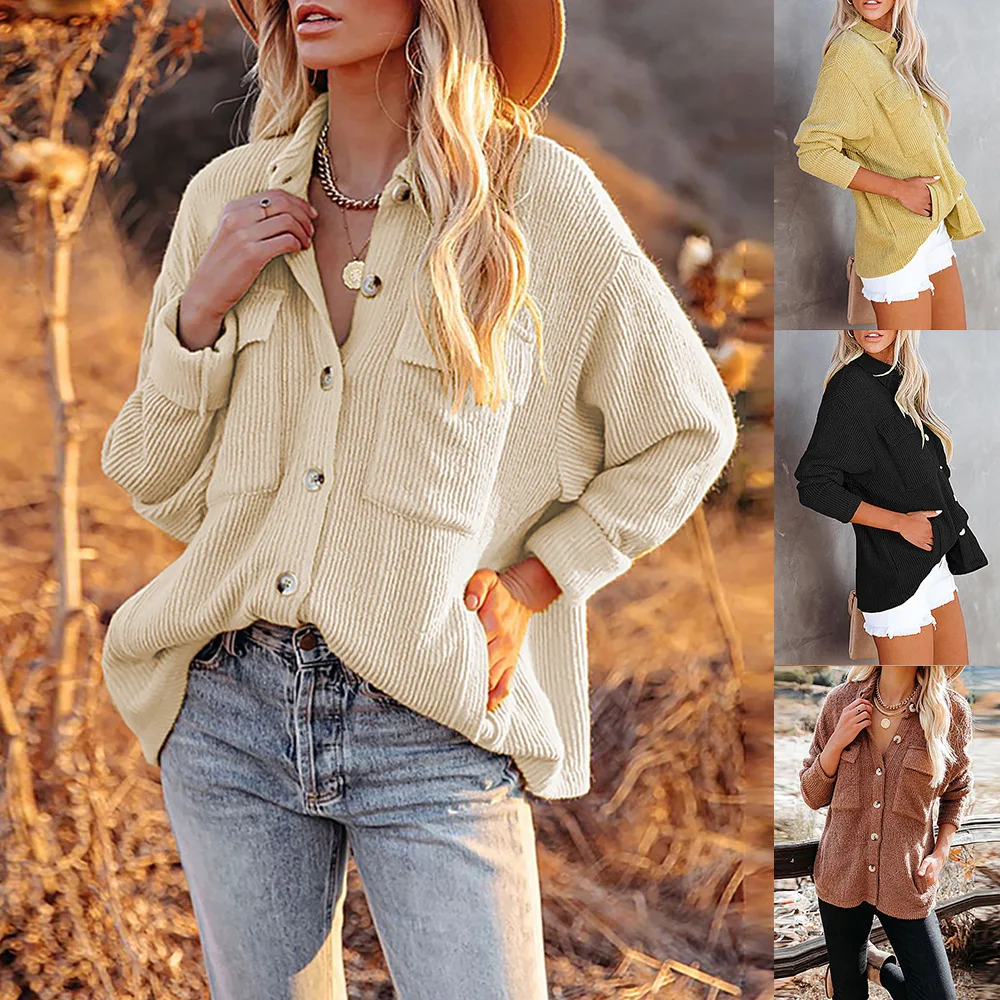 Soft Corduroy Shacket for Women Silhouette Lapel Collar Chest Pockets Multiple Color Options Fall Winter Layering