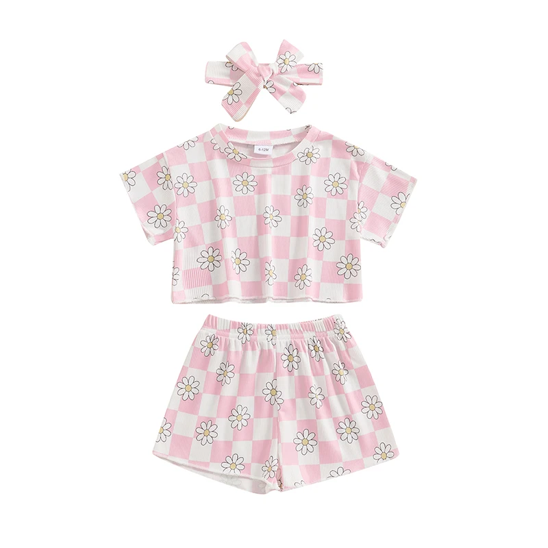 Toddler Girl Clothes Baby Girls Outfits Summer Floral Checkerboard Print Shirt Shorts Headband 3pcs Baby Clothing