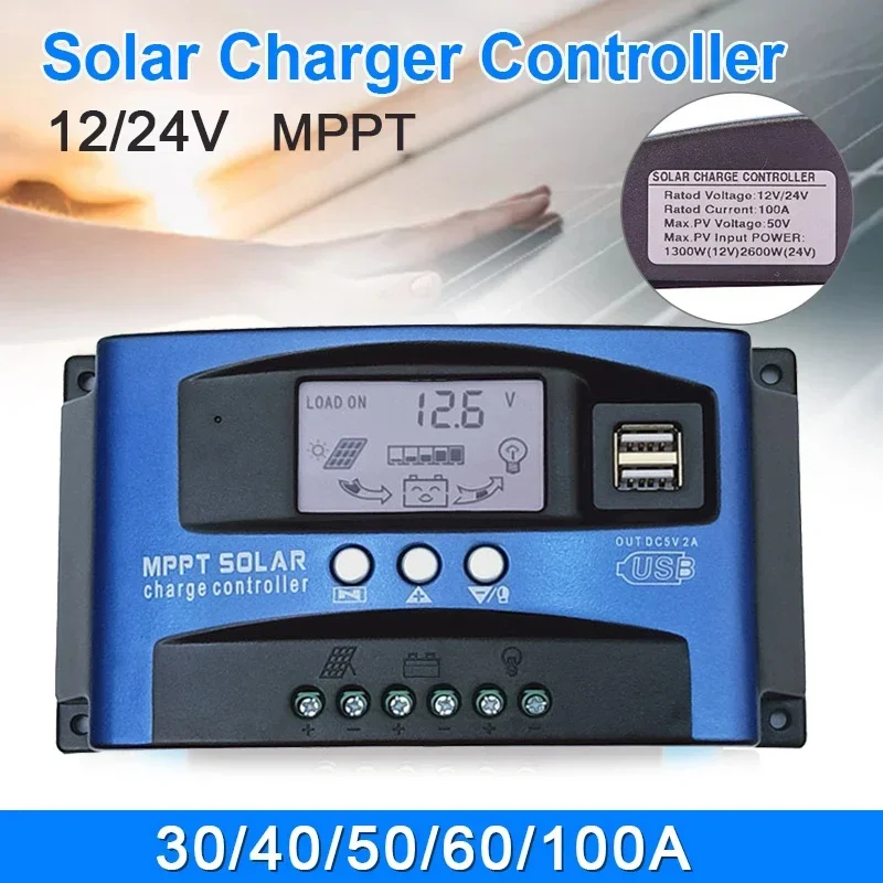MPPT Solar Charge Controller PWM 100A 80A 60A 50A 40A 30A Photovoltaic Power Regulator Auto 12V/24V Dual USB LCD Load Discharger
