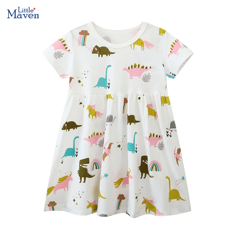 Little maven Girls Clothes Summer Cartoon Dinosaurs Princess Birthday Girls Dresses Party Dress for Kids Children's Clothing