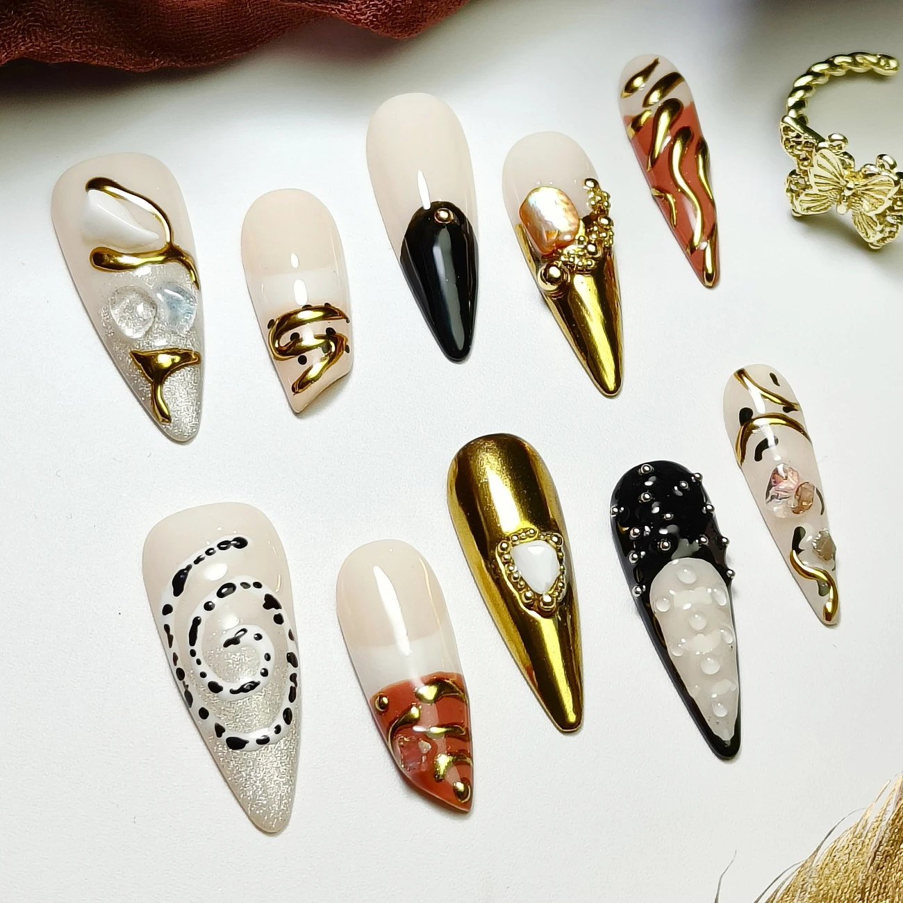 

10pcs Luxury Baroque Y2K Press On Nails, Long Stiletto Nude Black Orange Gold with 3D Pearl & Metal Detail