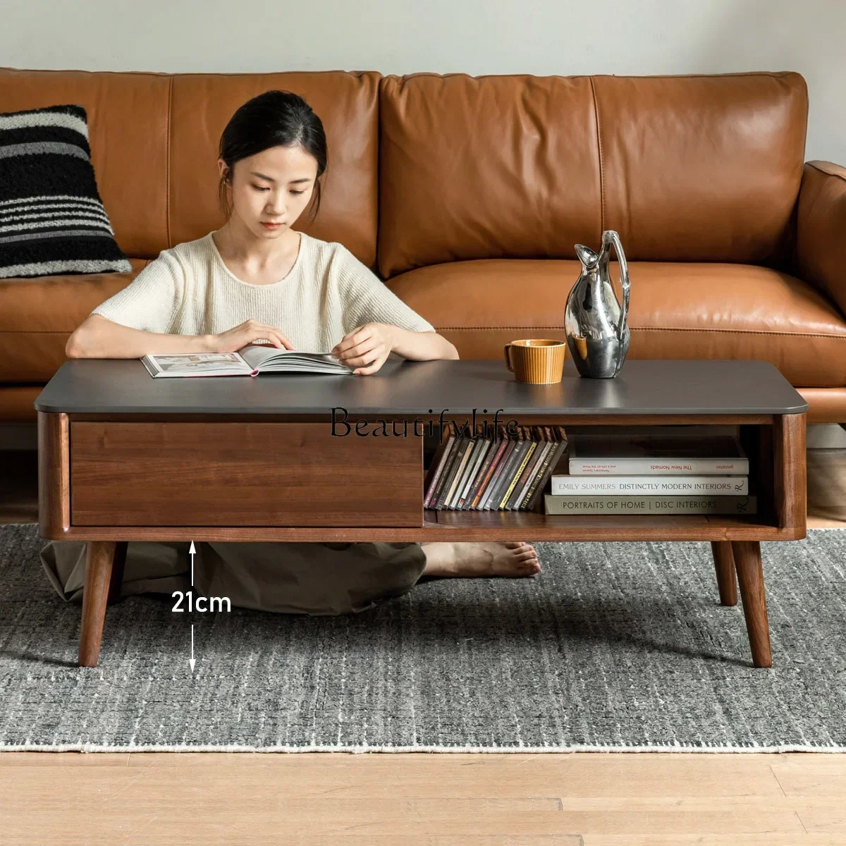 

-*All solid wood coffee table Nordic slate modern simple black walnut locker