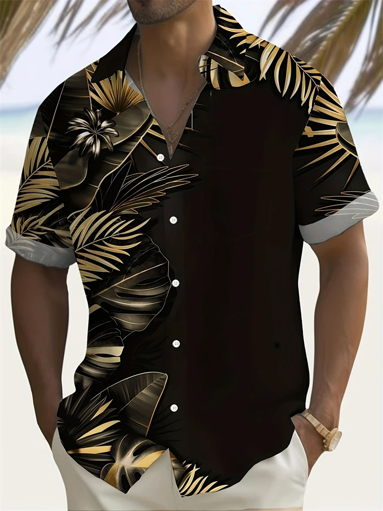 

Мужская гавайская рубашка с принтом тропических пальмовых листьев, повседневная рубашка с лацканами и короткими рукавами на пуговицах, дышащий полиэстер, топ для летних каникул