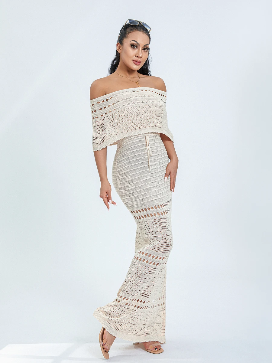 Women Off Shoulder Sleeveless Kintted Maxi Dress Hollow Out Ribbed Knit Bodycon Long Dress Vintage Aesthetic Knit Dress Beach