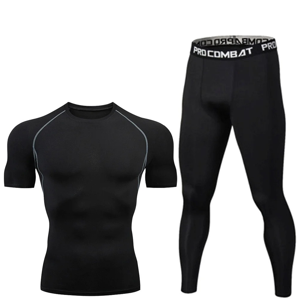 Men Compression Tracksuit 2 Pcs Short Sleeve Tight Shirt Leggings Quick Dry Gym Running Fitness Sports Training Workout Underwea