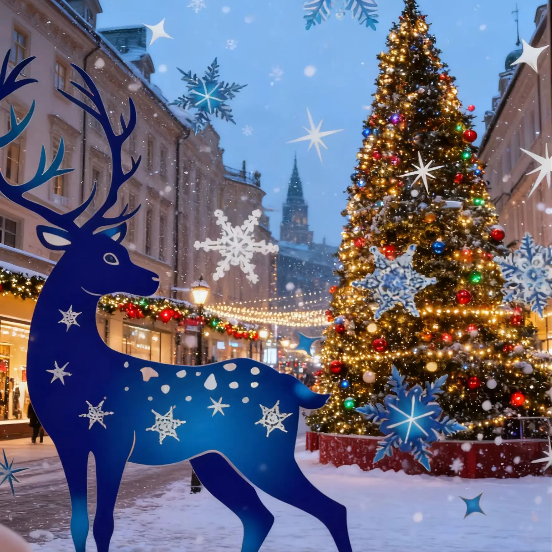 Christmas Window Clings Ornament Snowflake Sticker Glass Window Decoration Sticker Christmas Blue Snowflake Elk Wall Sticker