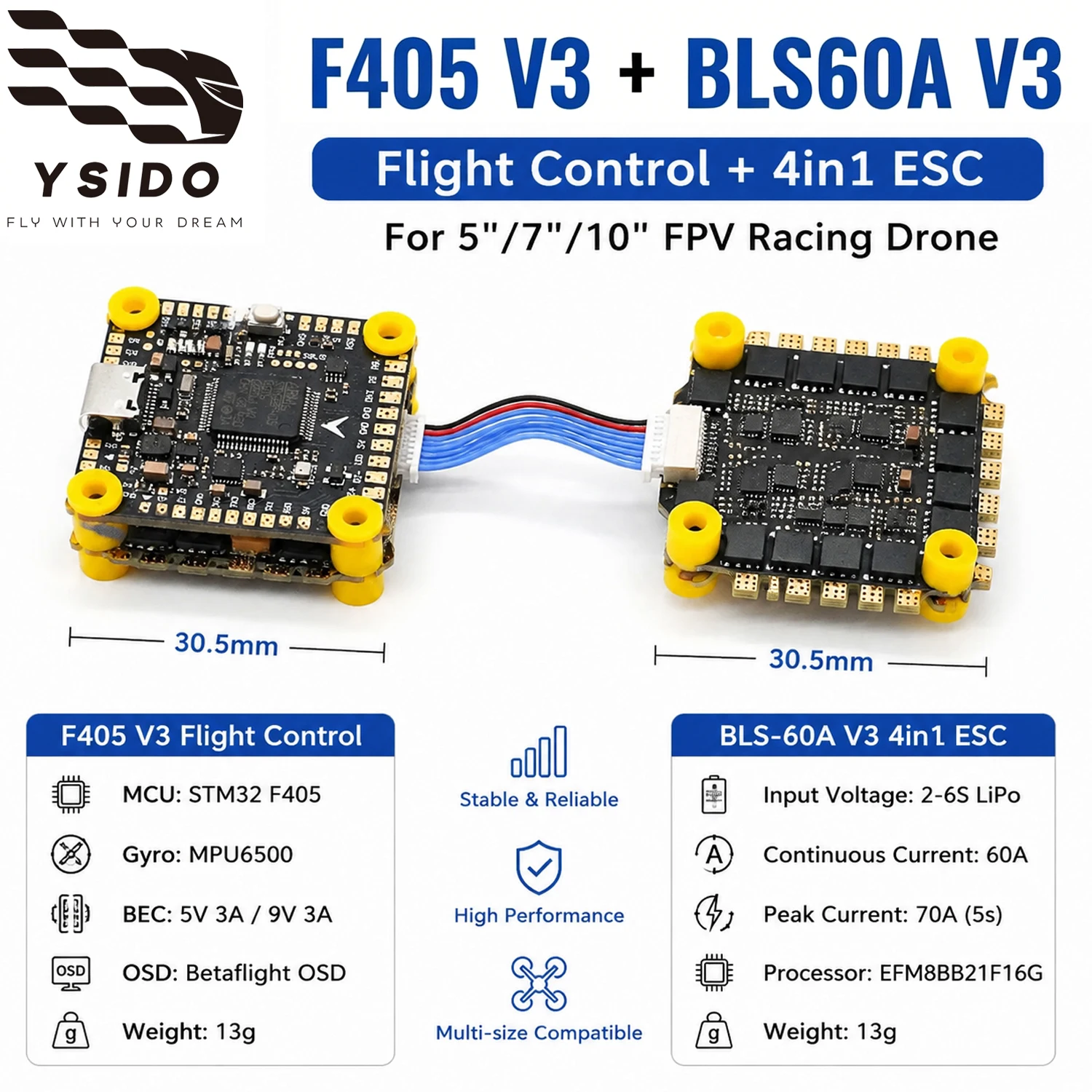 ysido-f405-v3-フライトコントローラー-bls60a-4in1-escスタック-2-6sリポ-rc-mark4-5インチ-7インチ-10インチ-fpvレーシングドローン-飛行機-クアッドコプター用